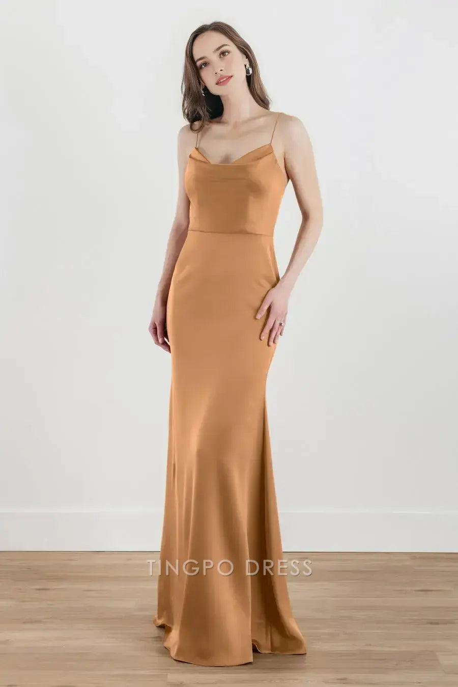 TingPo Wholesale Elegant Caramel Satin Cowl Neck Slip Dress - Elegant Bodycon Evening Gown